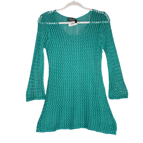 Wooden Ships Tunic Pullover Sweater Womens Small Green Open Knit Cotton Blend - Picture 1 of 9